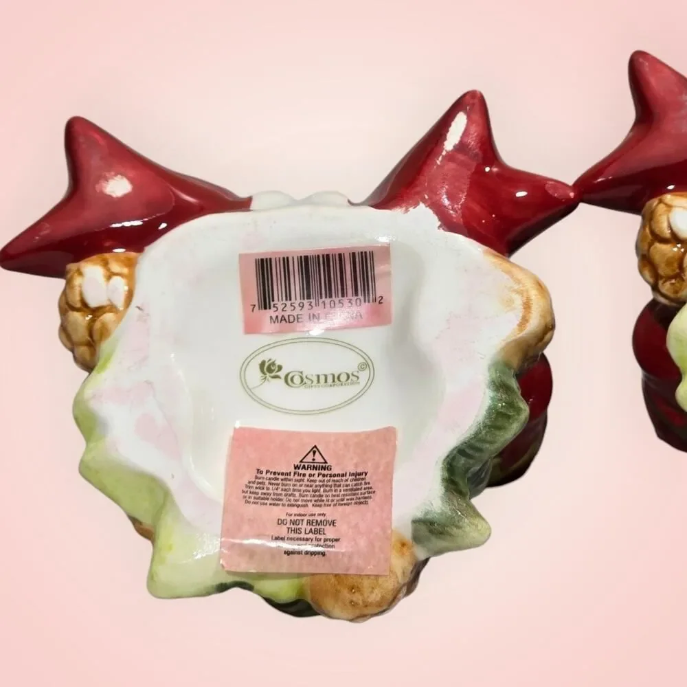 VTG Ceramic Christmas Wreath Candle Holders With Pinecones And Red Bow‎ 3D